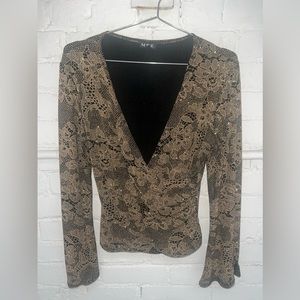 90s cross over wrap top, sparkly gold and black with a deep V
